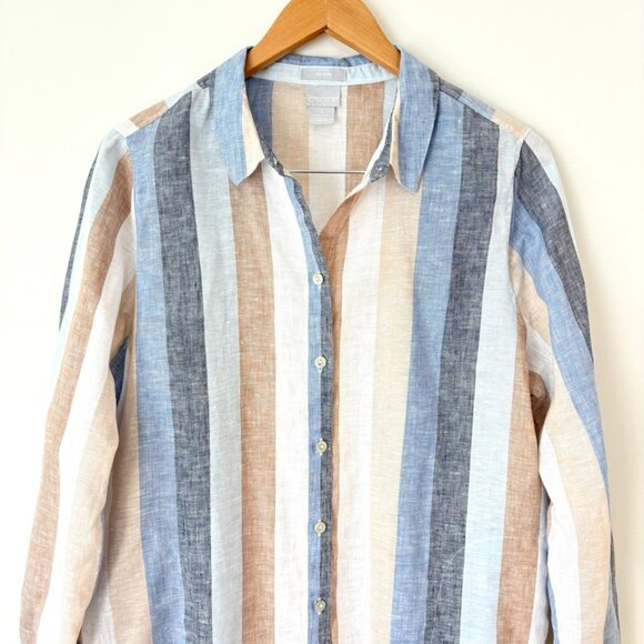 Chico's No-Iron Linen Top Stripe Multicolor Tunic with Pockets Size 2 US 12/14 - Picture 3 of 8